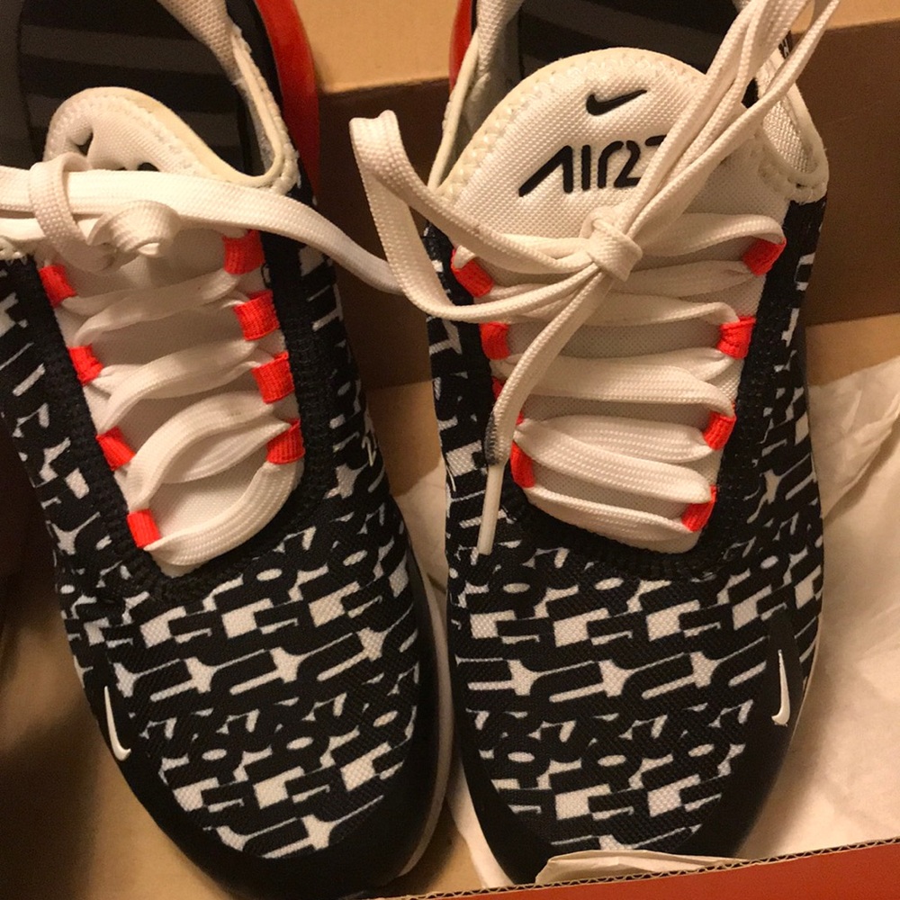 Air Max 270. Black, Nike Orange, and white